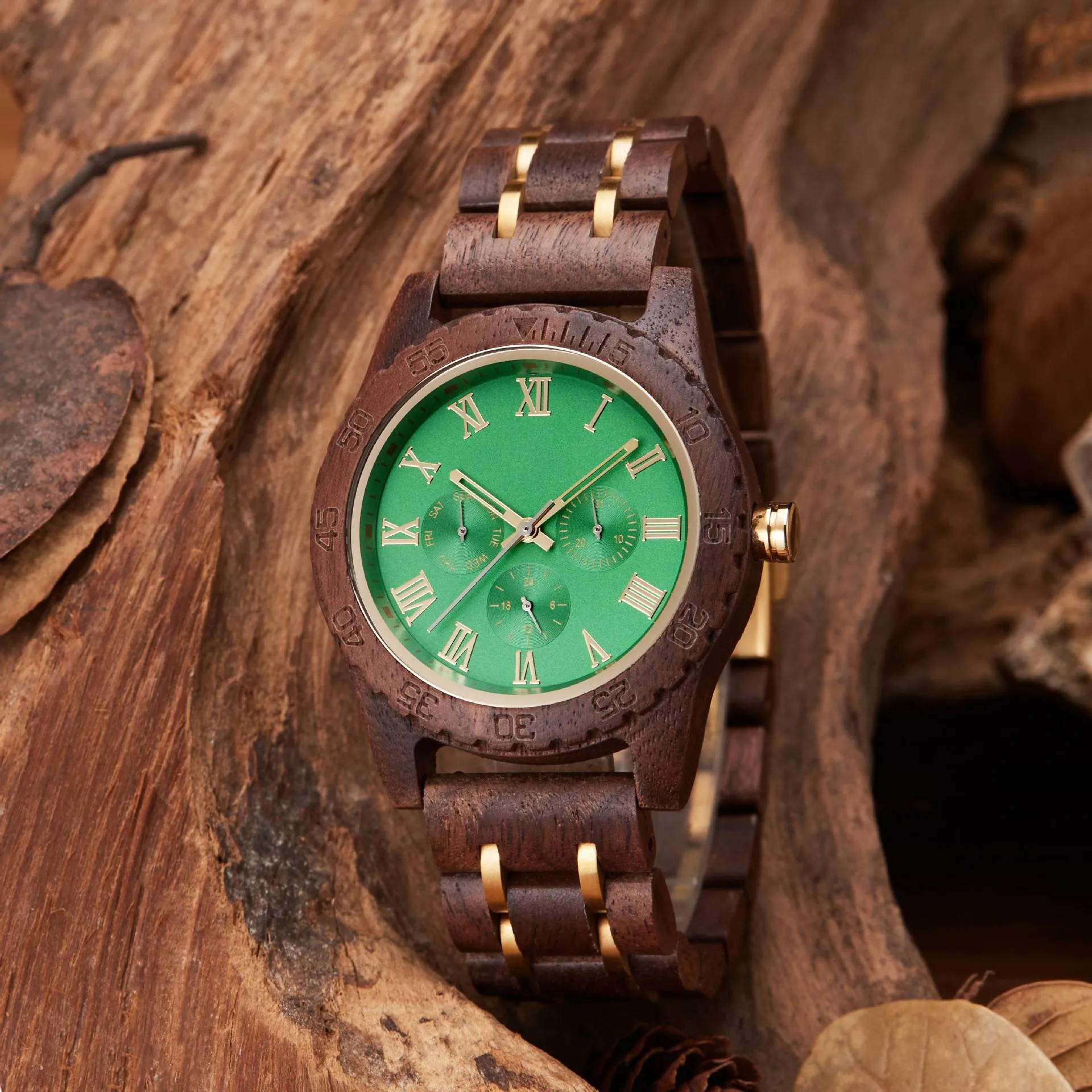 Men's Retro Walnut Wood Watch with Gold Accents - Multifunctional Quartz Wristwatch - European & American Fashion Wholesale thumbnail 2