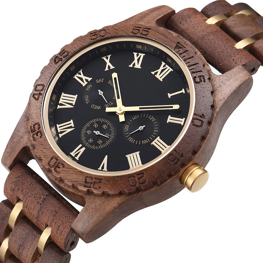 Men's Retro Walnut Wood Watch with Gold Accents - Multifunctional Quartz Wristwatch - European & American Fashion Wholesale thumbnail 5