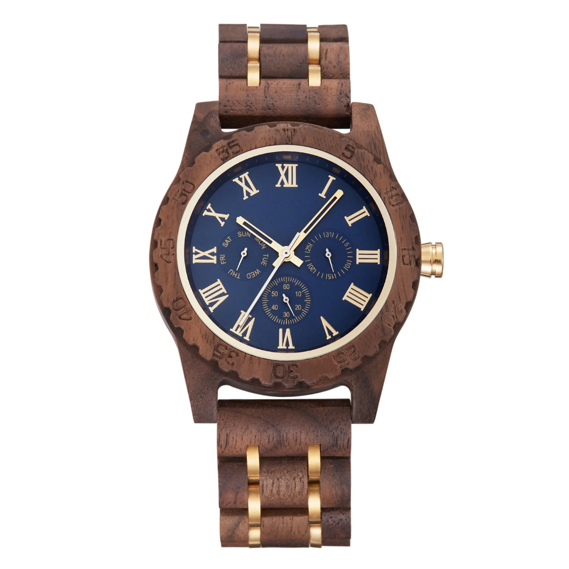 Men's Retro Walnut Wood Watch with Gold Accents - Multifunctional Quartz Wristwatch - European & American Fashion Wholesale thumbnail 4
