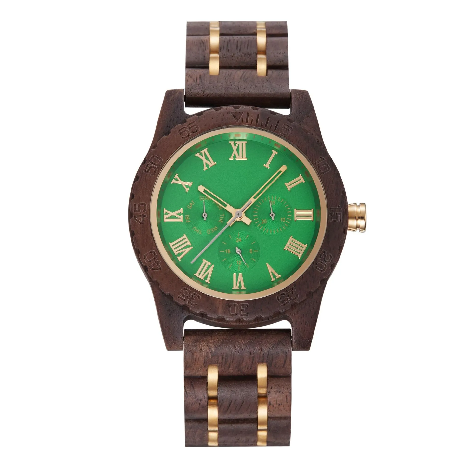 Men's Retro Walnut Wood Watch with Gold Accents - Multifunctional Quartz Wristwatch - European & American Fashion Wholesale thumbnail 8