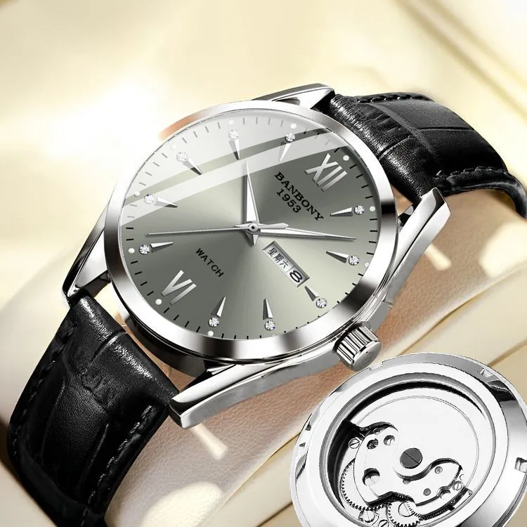Men's Automatic Mechanical Wrist Watch - Swiss Movement, Waterproof, Luminous, Double Calendar, Hollow Design - Fashionable and Practical Timepiece thumbnail 4