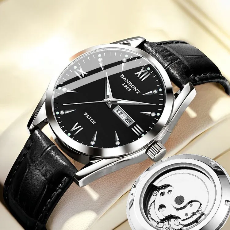Men's Automatic Mechanical Wrist Watch - Swiss Movement, Waterproof, Luminous, Double Calendar, Hollow Design - Fashionable and Practical Timepiece thumbnail 8