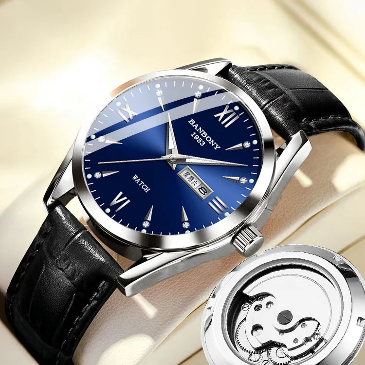 Men's Automatic Mechanical Wrist Watch - Swiss Movement, Waterproof, Luminous, Double Calendar, Hollow Design - Fashionable and Practical Timepiece showcase 7