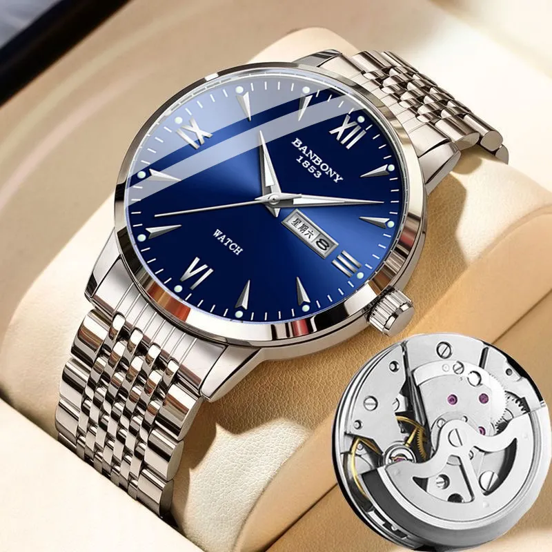 Men's Automatic Mechanical Wrist Watch - Swiss Movement, Waterproof, Luminous, Double Calendar, Hollow Design - Fashionable and Practical Timepiece thumbnail 9