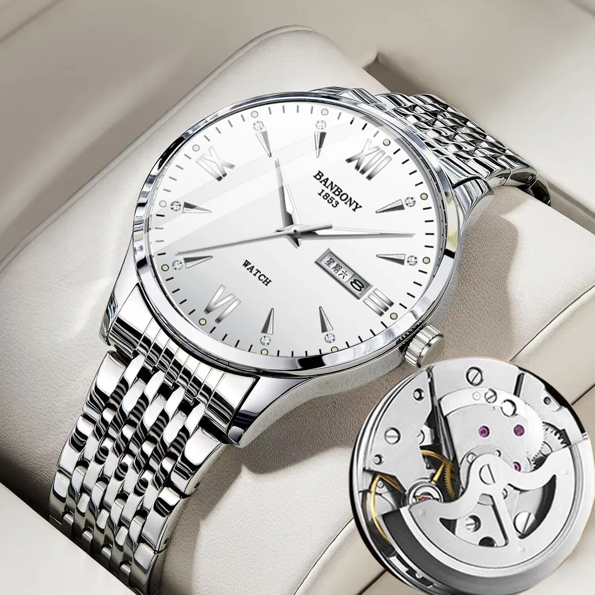 Men's Automatic Mechanical Wrist Watch - Swiss Movement, Waterproof, Luminous, Double Calendar, Hollow Design - Fashionable and Practical Timepiece showcase 10