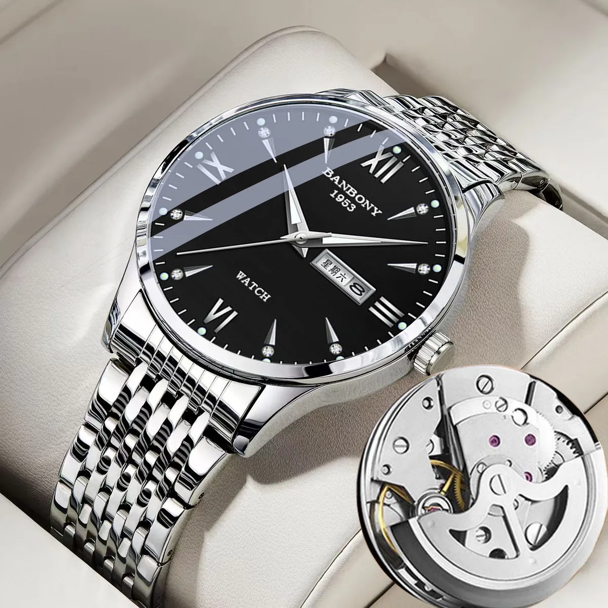 Men's Automatic Mechanical Wrist Watch - Swiss Movement, Waterproof, Luminous, Double Calendar, Hollow Design - Fashionable and Practical Timepiece showcase 12