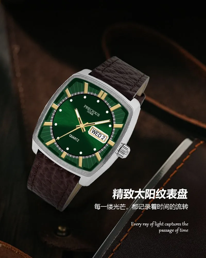 Men's Classic Square Wine Barrel Watch with Double Calendar | UK Brand Leather Wristwatch for Business Casual Wear | Wholesale Available showcase 4