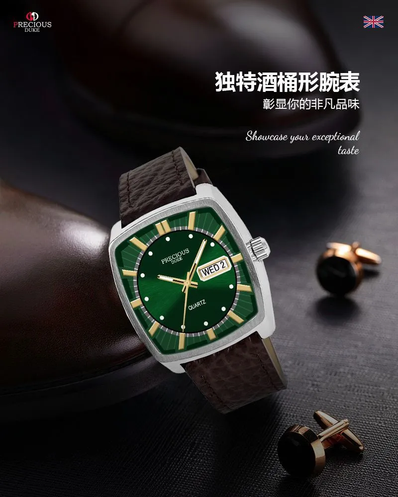 Men's Classic Square Wine Barrel Watch with Double Calendar | UK Brand Leather Wristwatch for Business Casual Wear | Wholesale Available showcase 2
