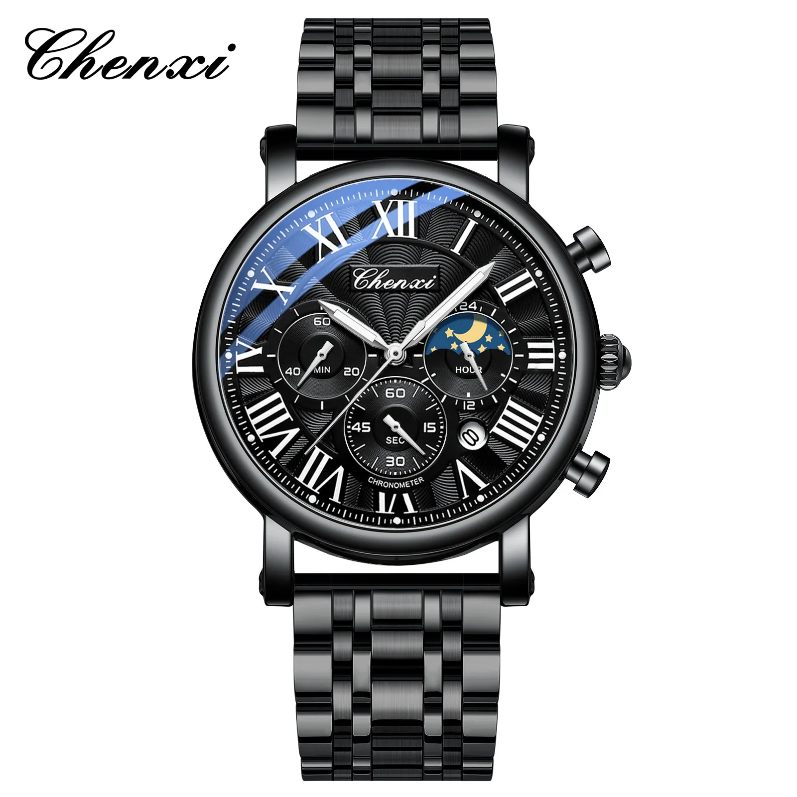 Men's Multifunctional Business Watch with Moon Calendar, Waterproof Roman Numerals, Stainless Steel Band - Perfect for Professionals thumbnail 10