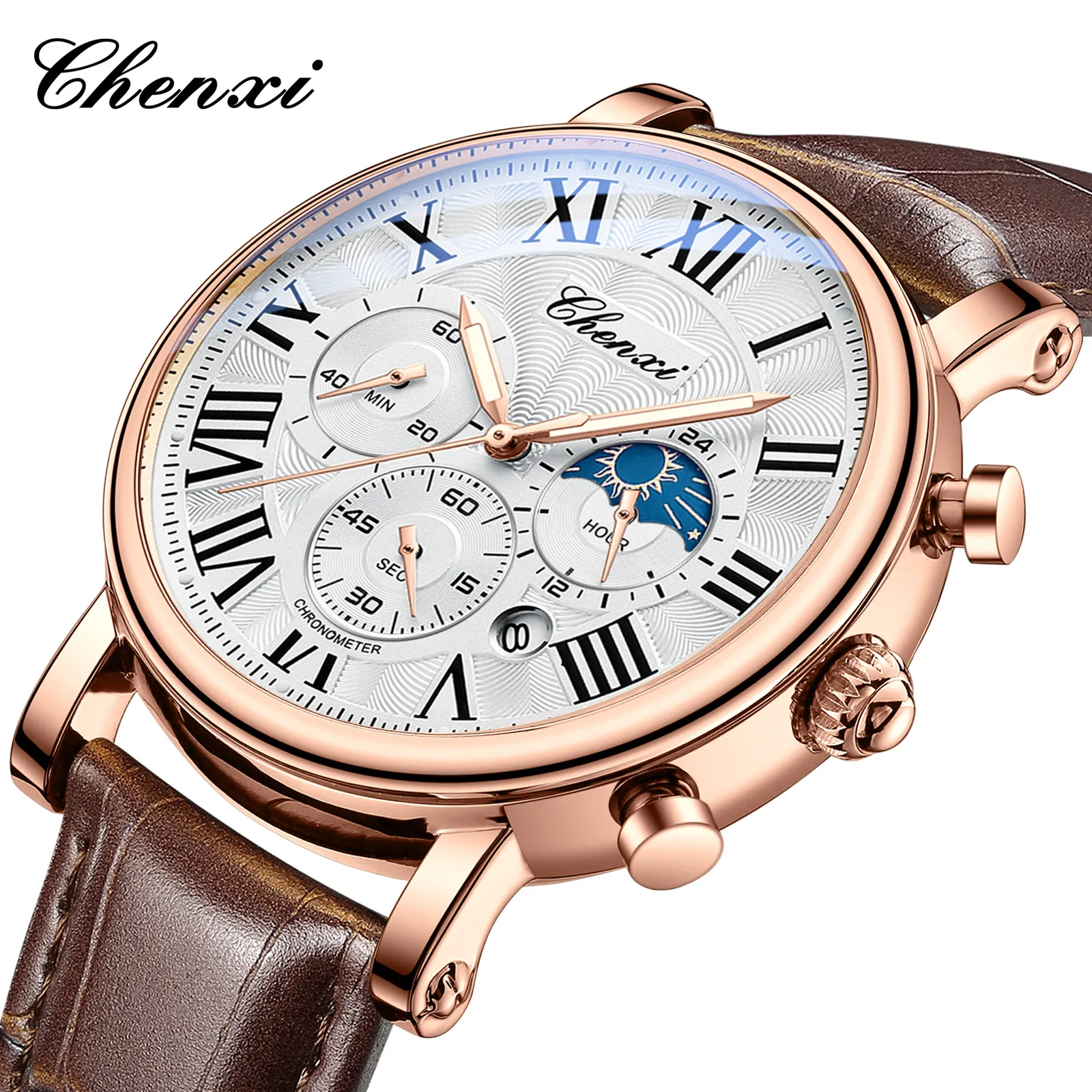 Men's Multifunctional Business Watch with Moon Calendar, Waterproof Roman Numerals, Stainless Steel Band - Perfect for Professionals thumbnail 1