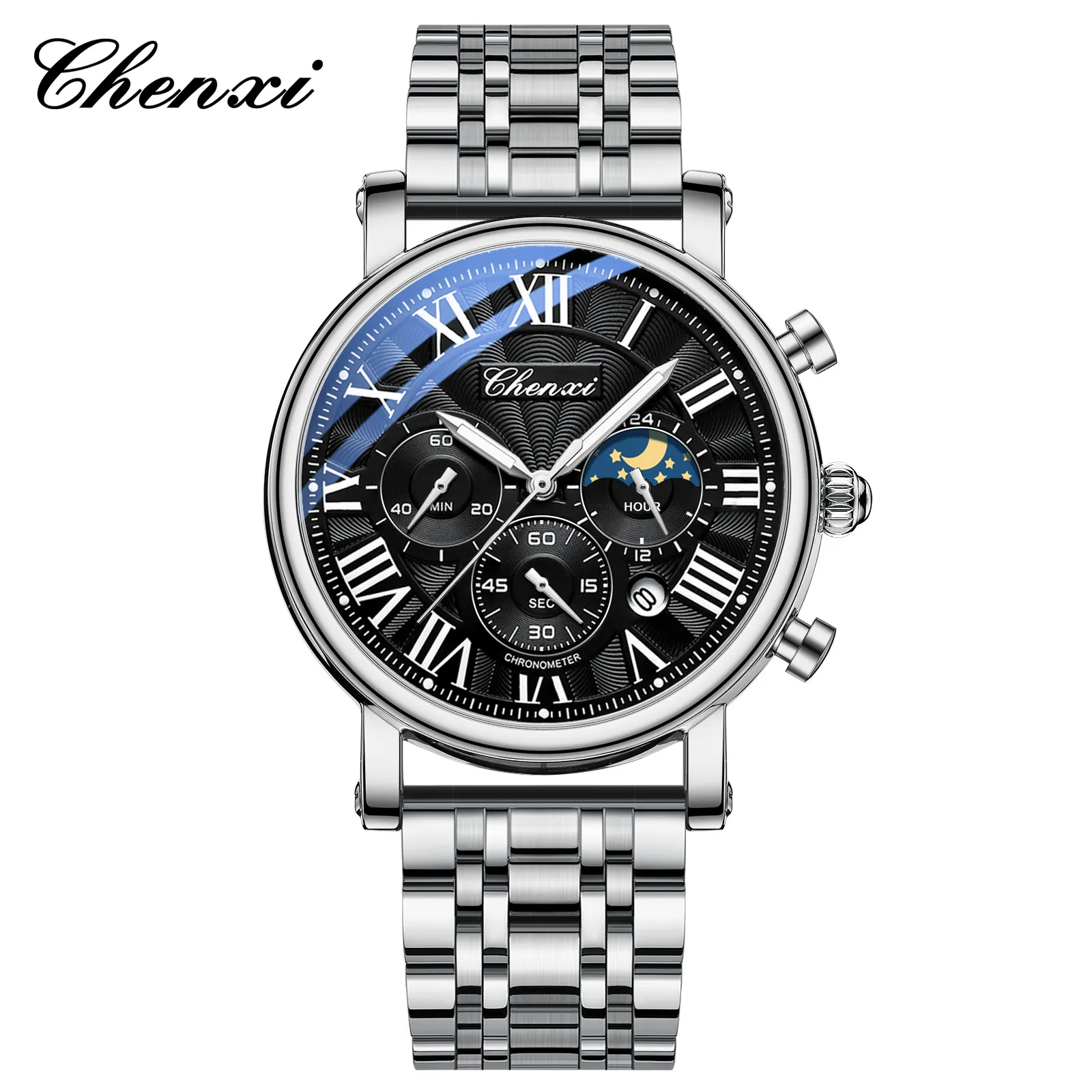 Men's Multifunctional Business Watch with Moon Calendar, Waterproof Roman Numerals, Stainless Steel Band - Perfect for Professionals thumbnail 6