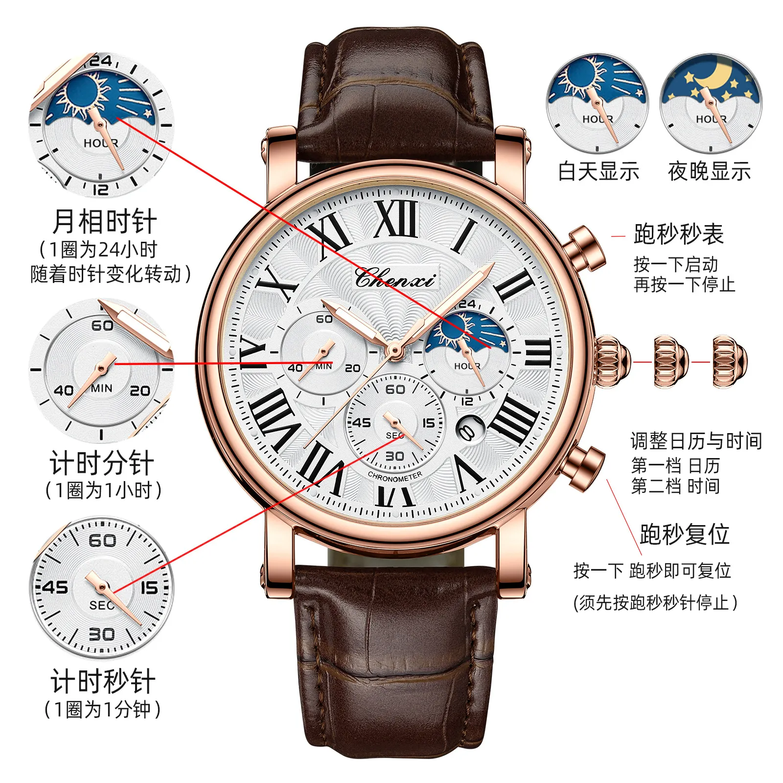 Men's Multifunctional Business Watch with Moon Calendar, Waterproof Roman Numerals, Stainless Steel Band - Perfect for Professionals thumbnail 2