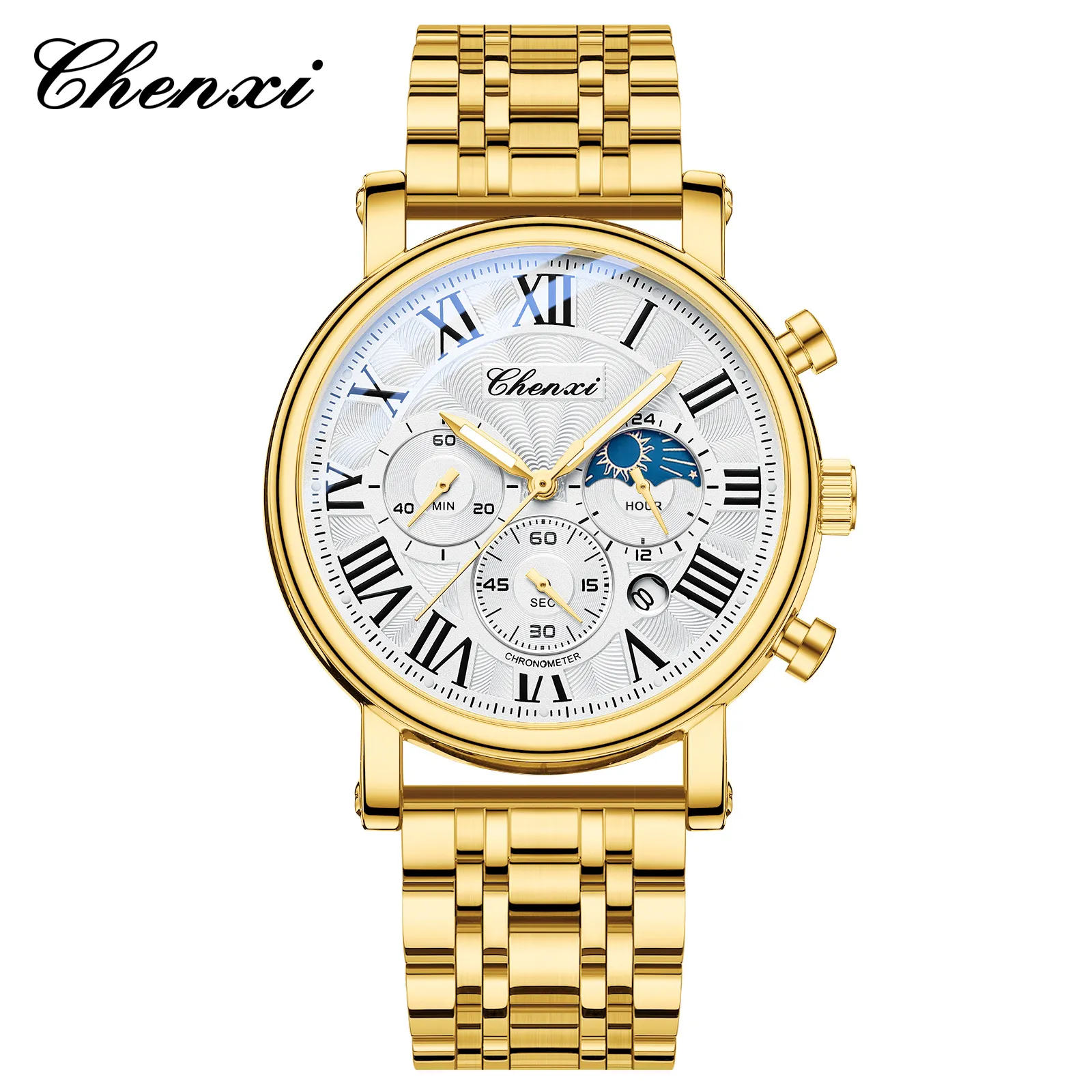 Men's Multifunctional Business Watch with Moon Calendar, Waterproof Roman Numerals, Stainless Steel Band - Perfect for Professionals thumbnail 8
