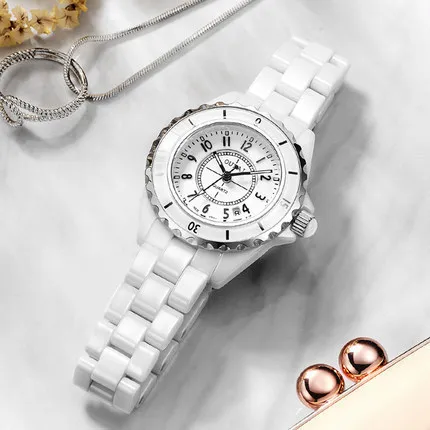 Women's White Ceramic Quartz Watch J12 Style, Waterproof Butterfly Buckle, Couple's Watch Option, Elegant Ladies Wristwatch, Fashionable Timepiece for Her showcase 5