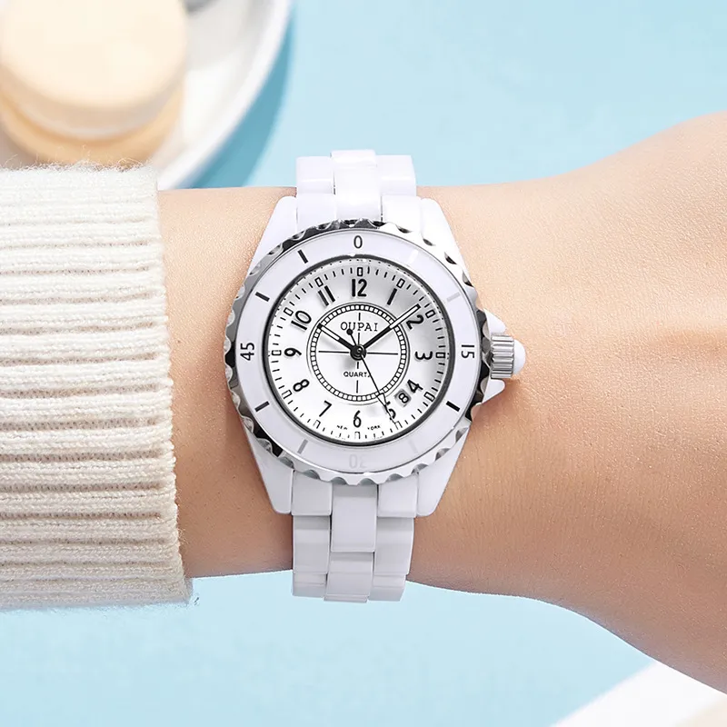 Women's White Ceramic Quartz Watch J12 Style, Waterproof Butterfly Buckle, Couple's Watch Option, Elegant Ladies Wristwatch, Fashionable Timepiece for Her showcase 6