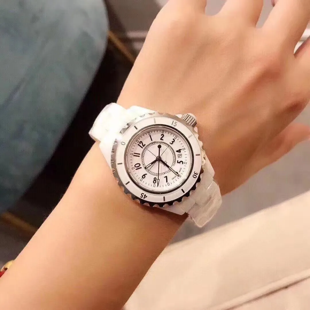Women's White Ceramic Quartz Watch J12 Style, Waterproof Butterfly Buckle, Couple's Watch Option, Elegant Ladies Wristwatch, Fashionable Timepiece for Her showcase 12