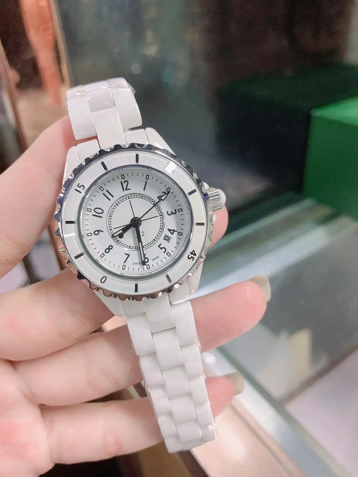 Women's White Ceramic Quartz Watch J12 Style, Waterproof Butterfly Buckle, Couple's Watch Option, Elegant Ladies Wristwatch, Fashionable Timepiece for Her showcase 7