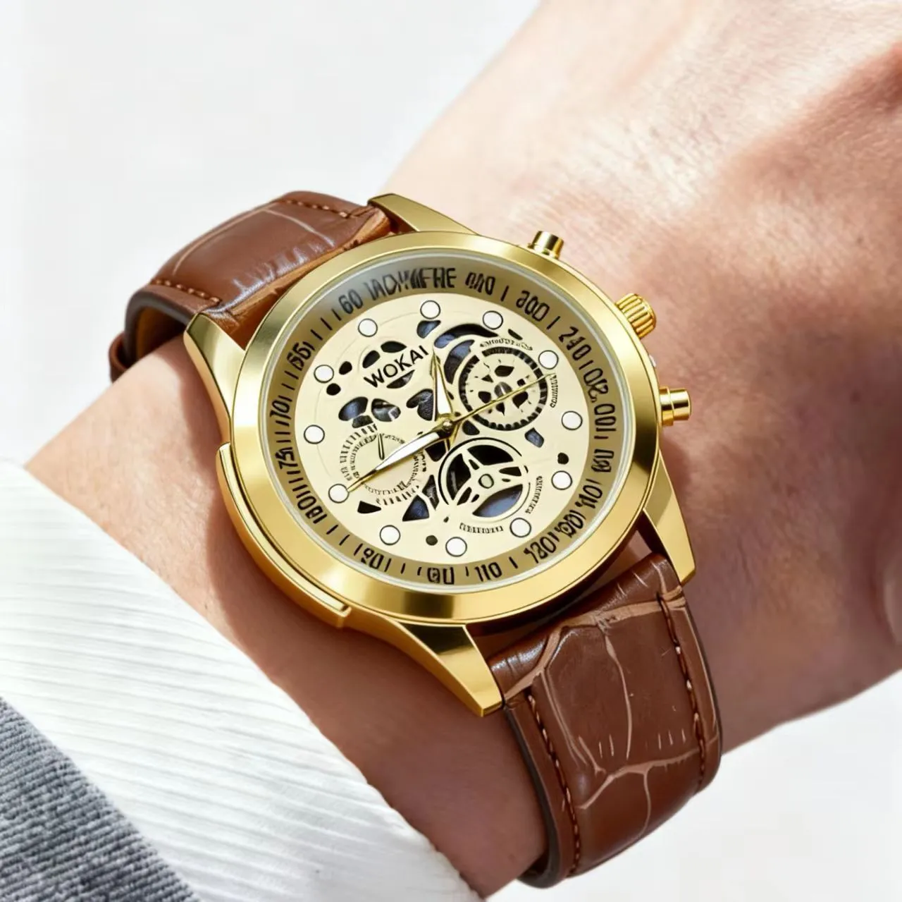 Men's Business Casual Quartz Watch with Leather Strap - 2025 New Wokai Sports Wristwatch for Wholesale thumbnail 4
