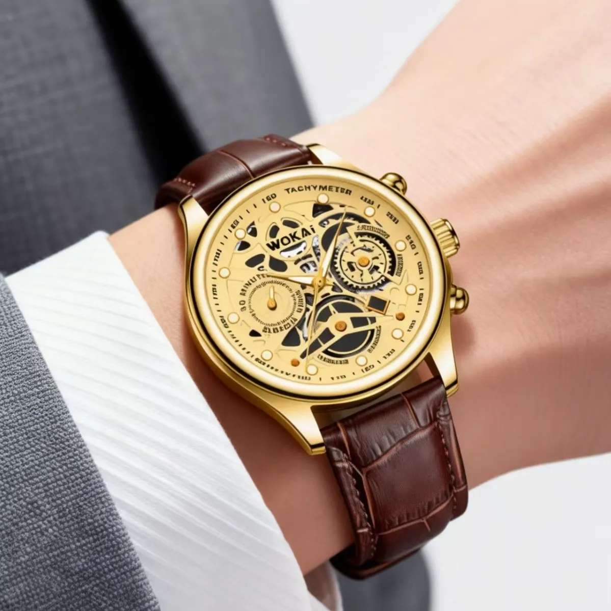 Men's Business Casual Quartz Watch with Leather Strap - 2025 New Wokai Sports Wristwatch for Wholesale thumbnail 2