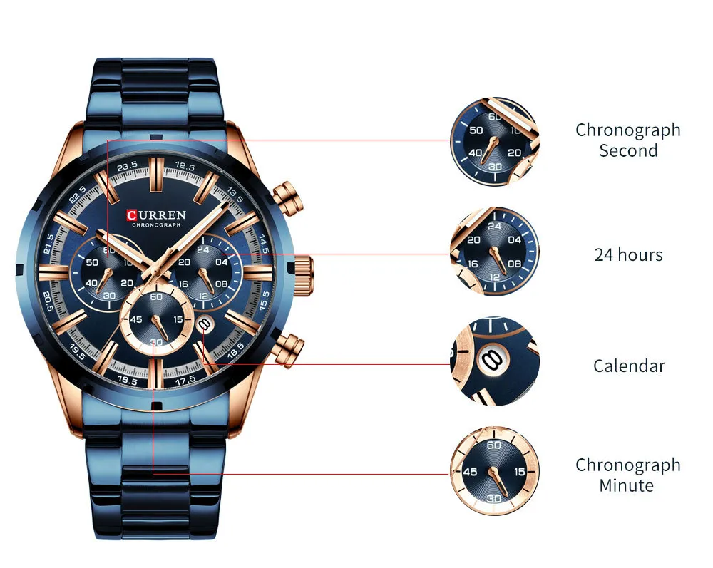 CURREN 8355 Men's Multifunctional Quartz Watch - Waterproof Calendar Wristwatch for Business, Casual Wear - Stainless Steel Band, Round Dial showcase 7