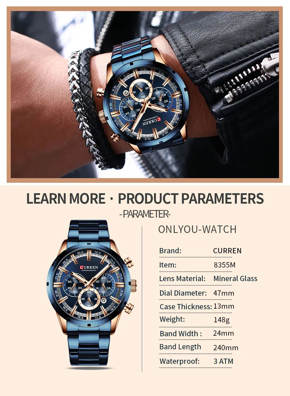 CURREN 8355 Men's Multifunctional Quartz Watch - Waterproof Calendar Wristwatch for Business, Casual Wear - Stainless Steel Band, Round Dial showcase 3