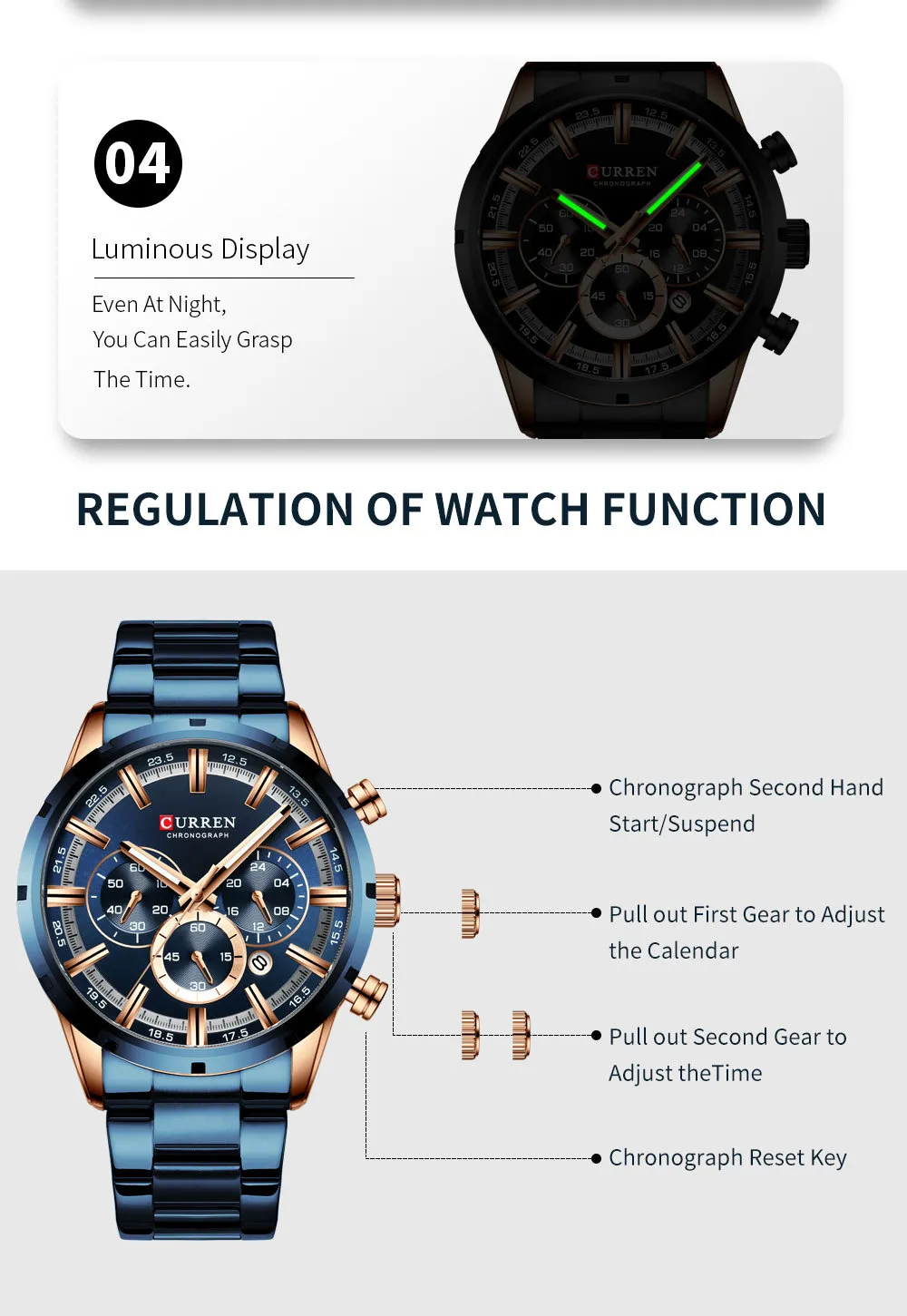 CURREN 8355 Men's Multifunctional Quartz Watch - Waterproof Calendar Wristwatch for Business, Casual Wear - Stainless Steel Band, Round Dial showcase 6