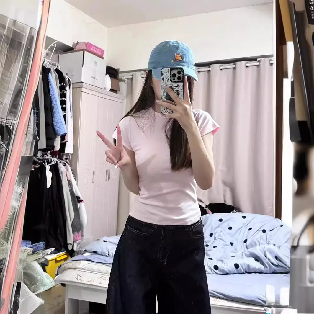 Women's Pink Fitted Short Sleeve T-Shirt - Slim Fit, Tight Waist, Y2K Style Crop Top for Women and Teens showcase 5