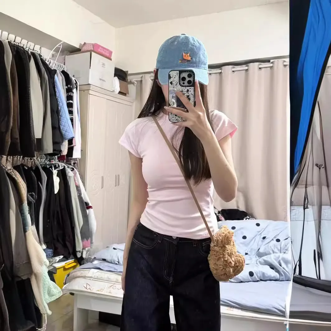 Women's Pink Fitted Short Sleeve T-Shirt - Slim Fit, Tight Waist, Y2K Style Crop Top for Women and Teens thumbnail 3