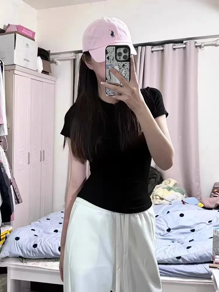 Women's Pink Fitted Short Sleeve T-Shirt - Slim Fit, Tight Waist, Y2K Style Crop Top for Women and Teens thumbnail 9