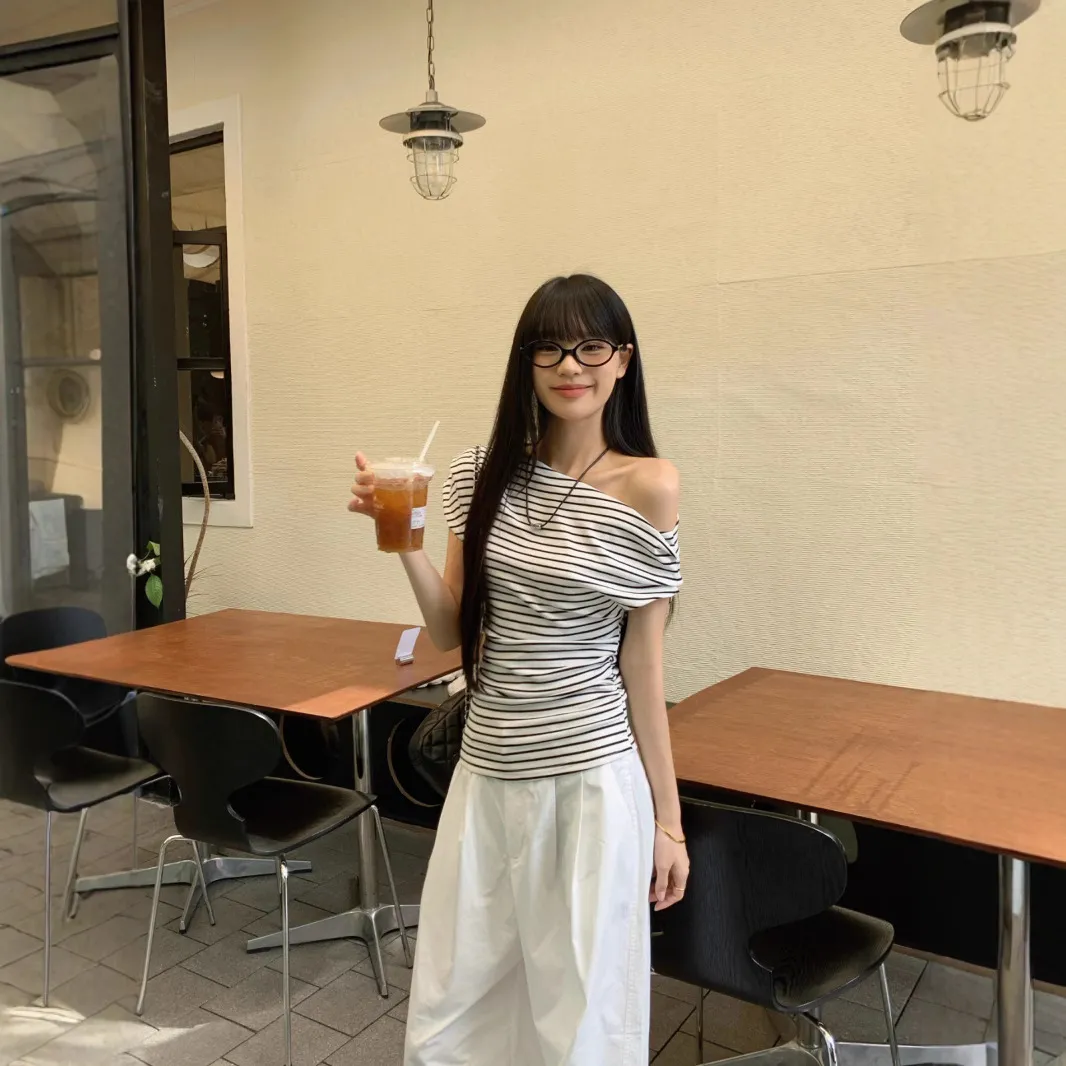 Off-Shoulder Striped T-Shirt for Women - Summer Short Sleeve Elegant Top - Korean Style Thin and Lightweight Blouse thumbnail 1
