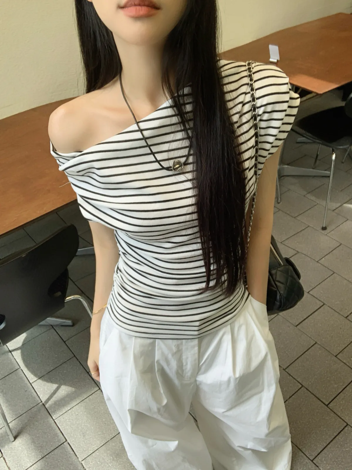 Off-Shoulder Striped T-Shirt for Women - Summer Short Sleeve Elegant Top - Korean Style Thin and Lightweight Blouse showcase 8
