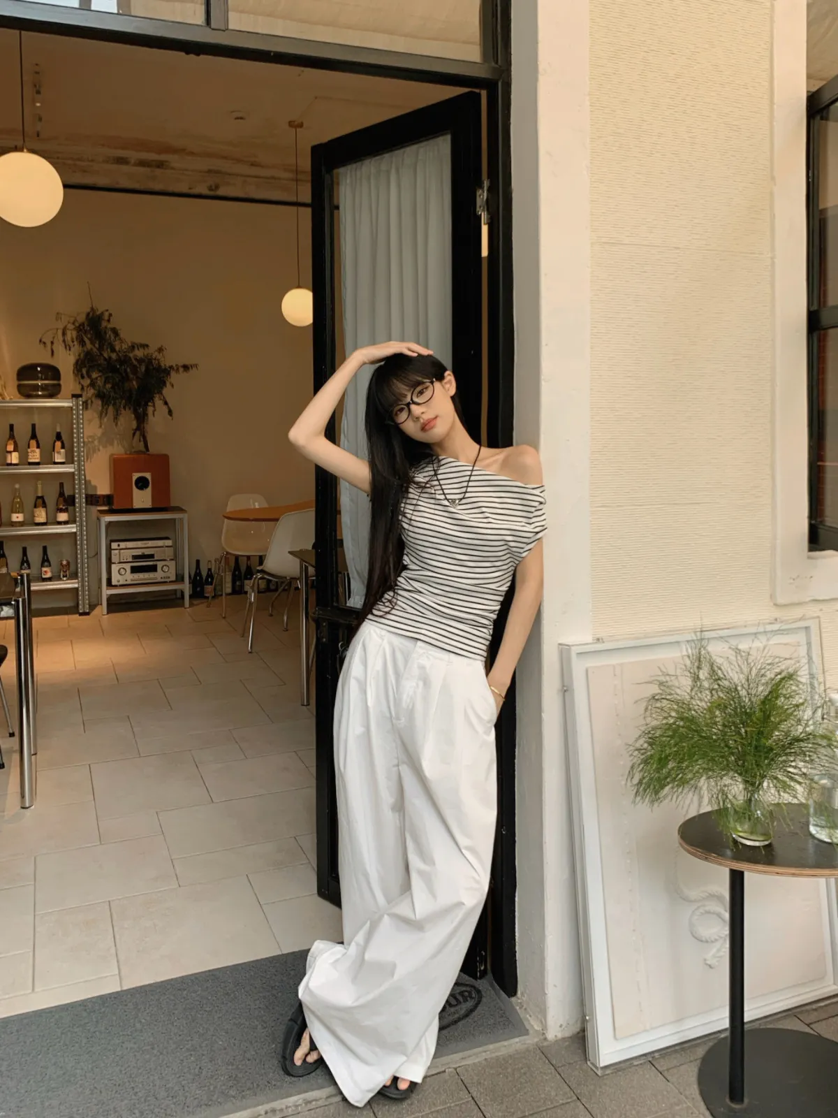 Off-Shoulder Striped T-Shirt for Women - Summer Short Sleeve Elegant Top - Korean Style Thin and Lightweight Blouse showcase 3