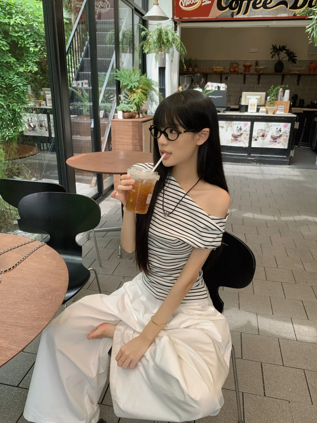 Off-Shoulder Striped T-Shirt for Women - Summer Short Sleeve Elegant Top - Korean Style Thin and Lightweight Blouse showcase 9