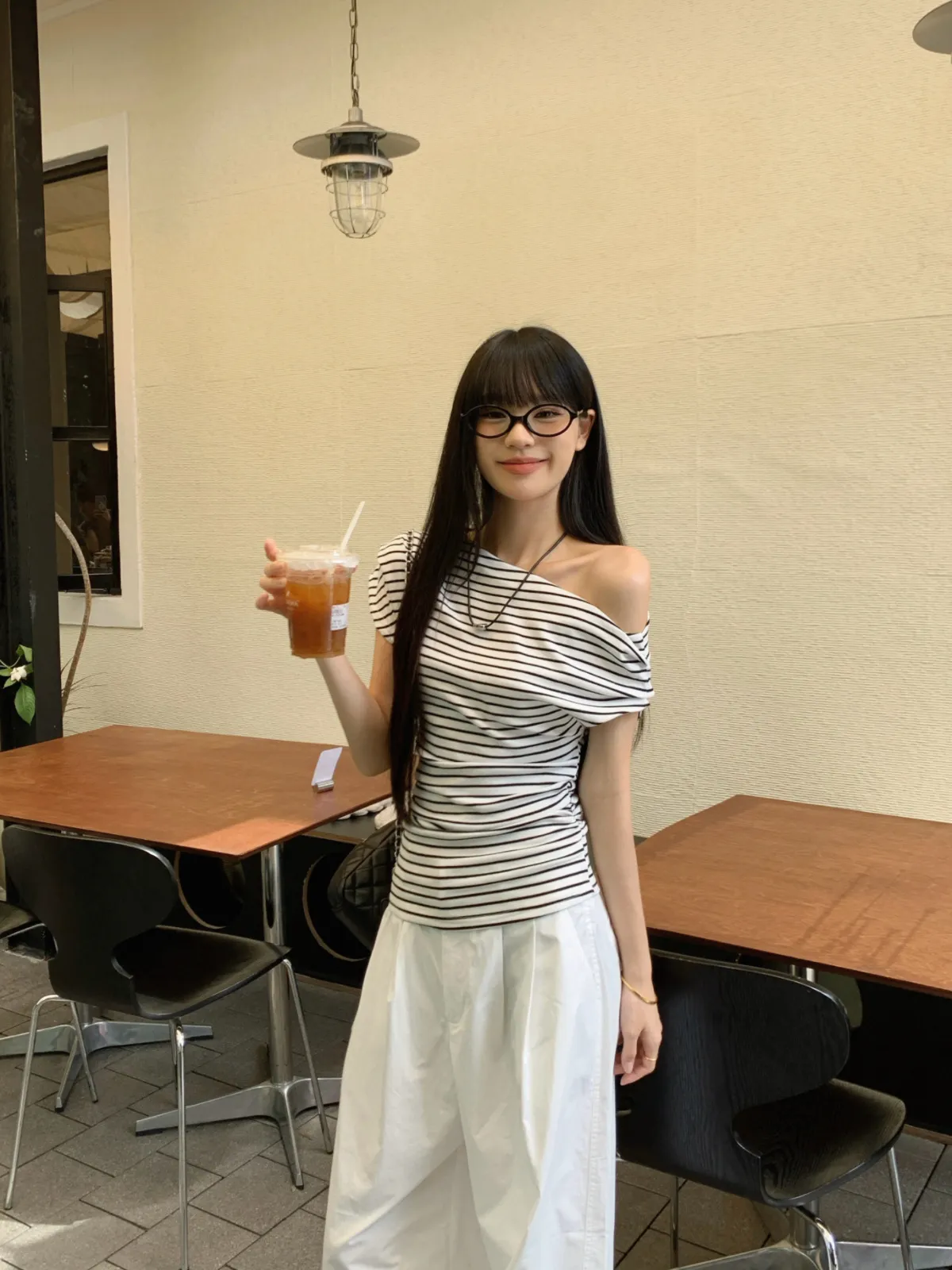 Off-Shoulder Striped T-Shirt for Women - Summer Short Sleeve Elegant Top - Korean Style Thin and Lightweight Blouse showcase 5