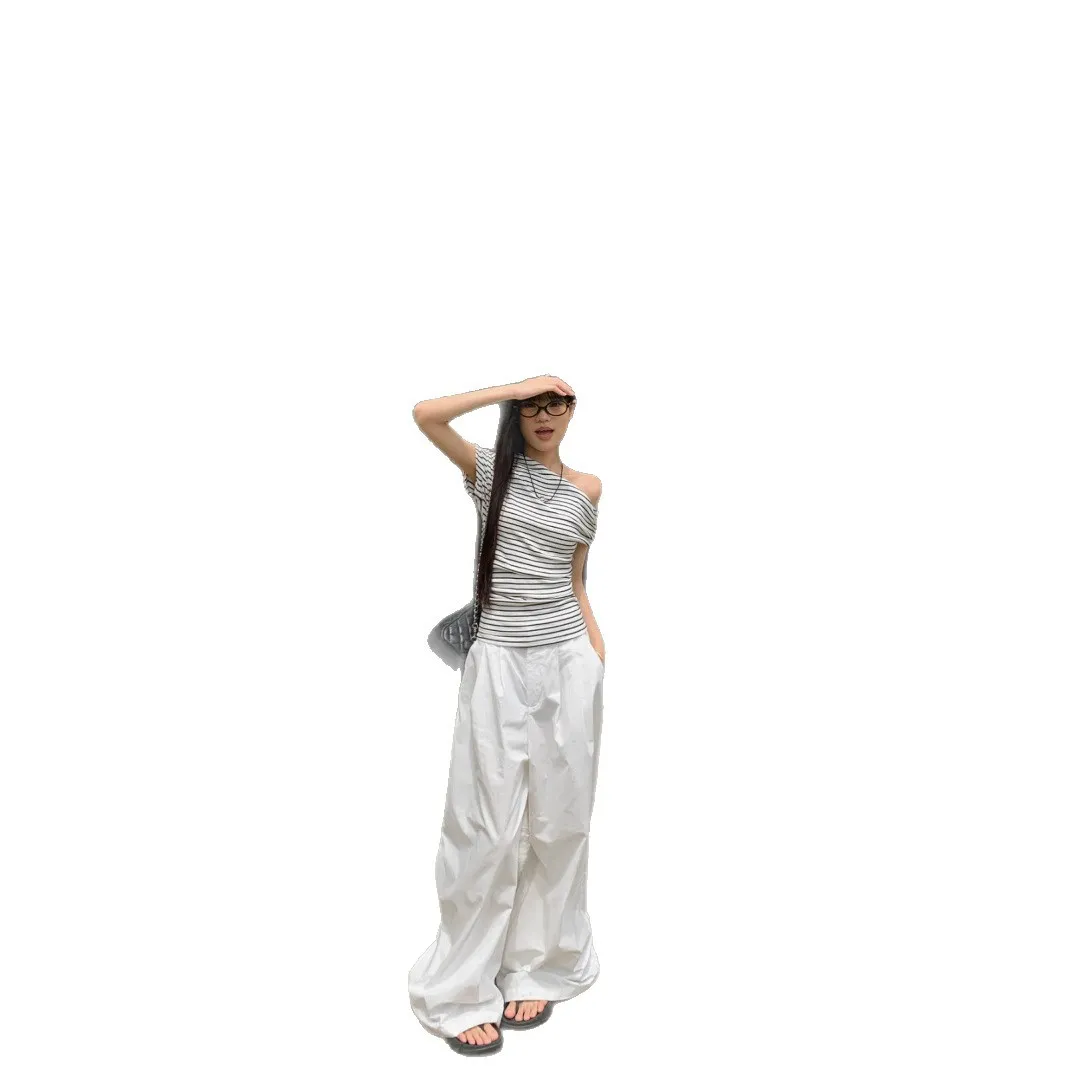 Off-Shoulder Striped T-Shirt for Women - Summer Short Sleeve Elegant Top - Korean Style Thin and Lightweight Blouse thumbnail 5