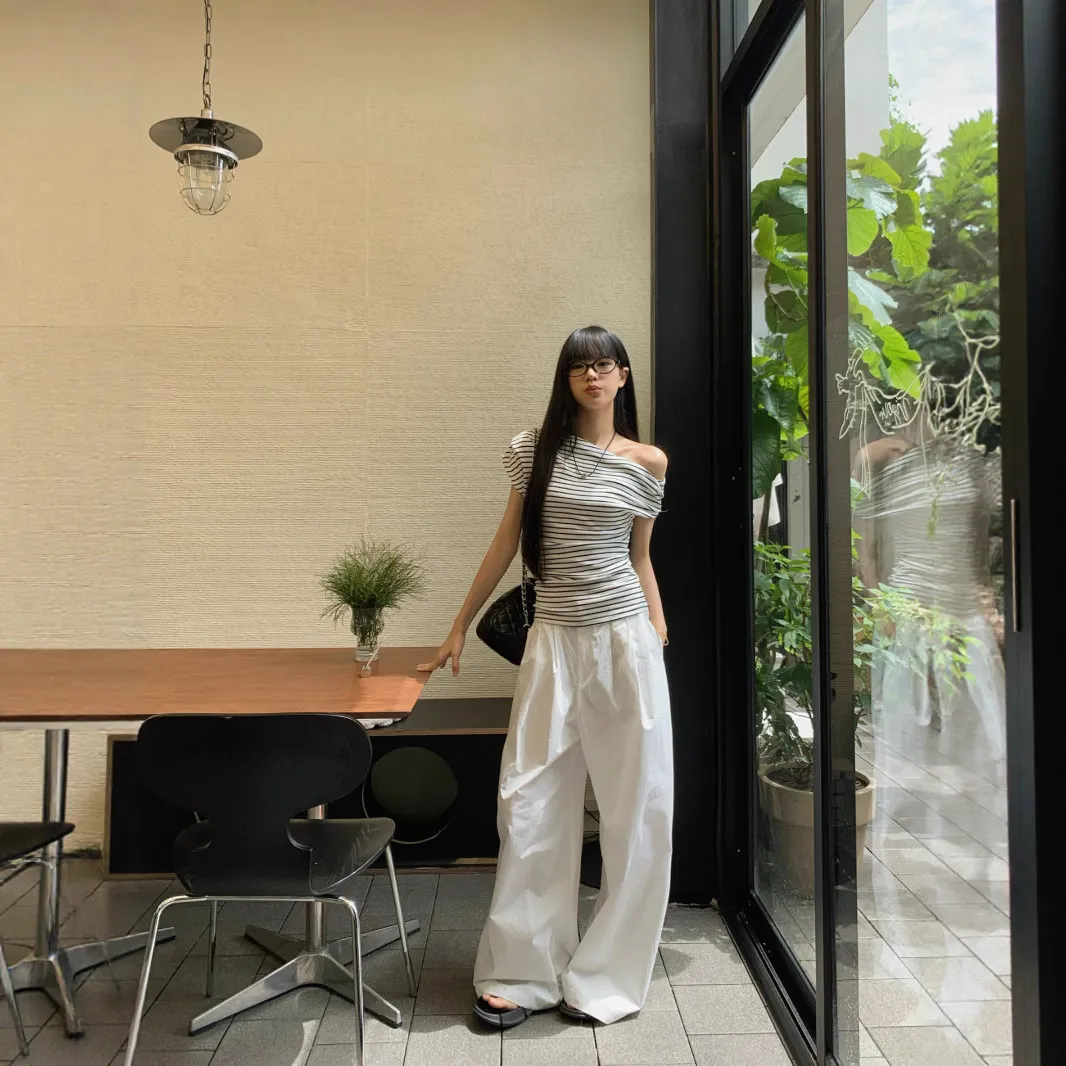 Off-Shoulder Striped T-Shirt for Women - Summer Short Sleeve Elegant Top - Korean Style Thin and Lightweight Blouse thumbnail 3