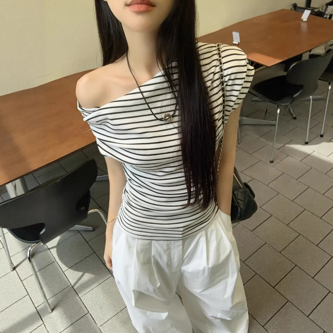 Off-Shoulder Striped T-Shirt for Women - Summer Short Sleeve Elegant Top - Korean Style Thin and Lightweight Blouse thumbnail 4