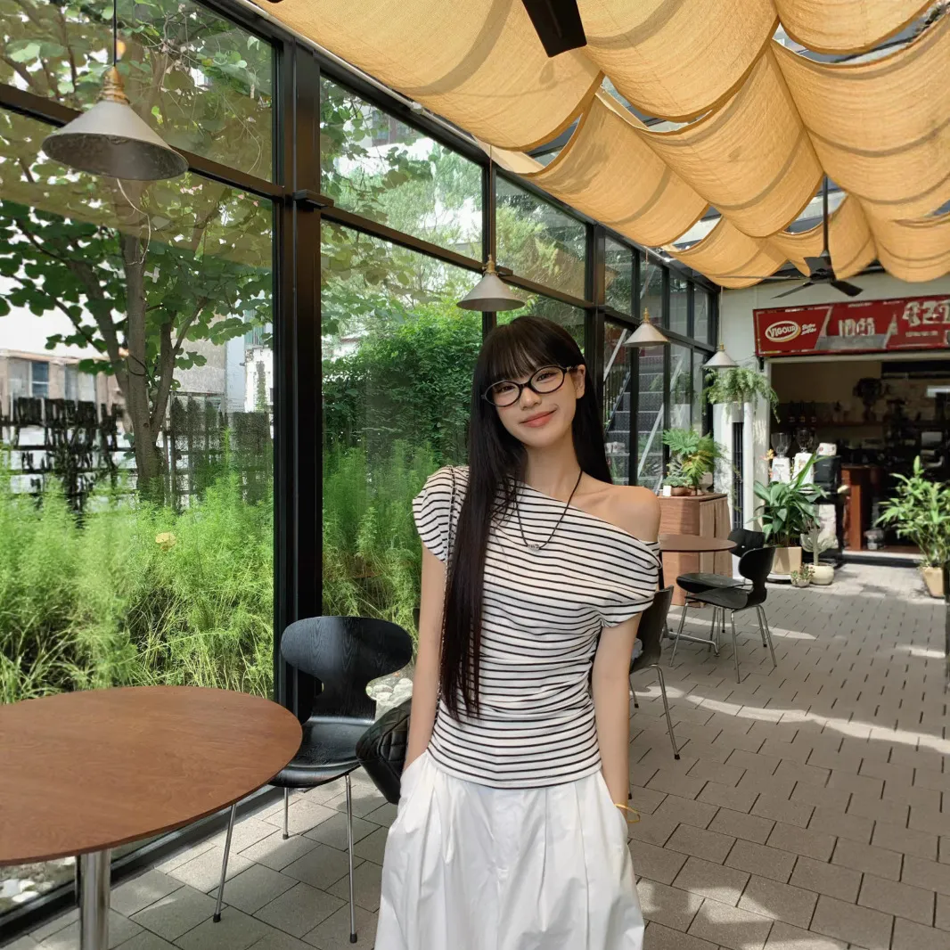Off-Shoulder Striped T-Shirt for Women - Summer Short Sleeve Elegant Top - Korean Style Thin and Lightweight Blouse thumbnail 2