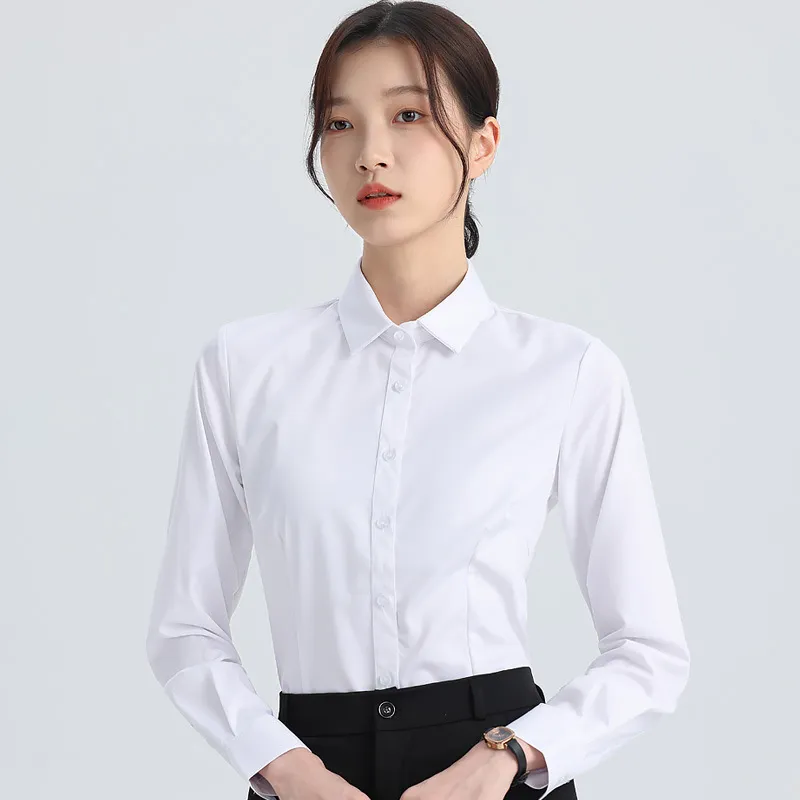 Women's White Long Sleeve Dress Shirt - Elegant Korean Style Slim Fit Work Blouse - Professional Office Attire, Spring & Autumn Inner Top thumbnail 1