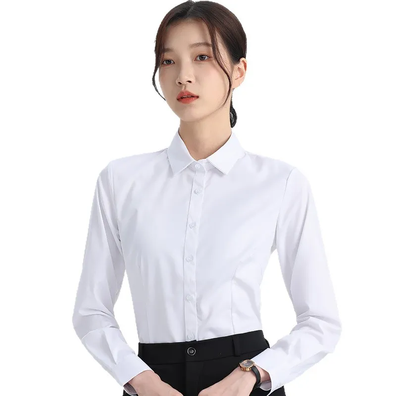 Women's White Long Sleeve Dress Shirt - Elegant Korean Style Slim Fit Work Blouse - Professional Office Attire, Spring & Autumn Inner Top thumbnail 5