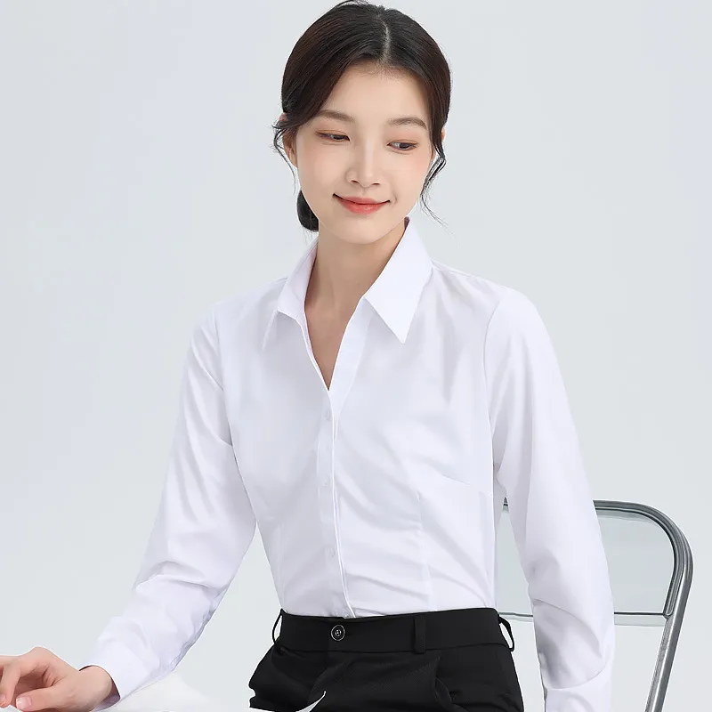 Women's White Long Sleeve Dress Shirt - Elegant Korean Style Slim Fit Work Blouse - Professional Office Attire, Spring & Autumn Inner Top thumbnail 2