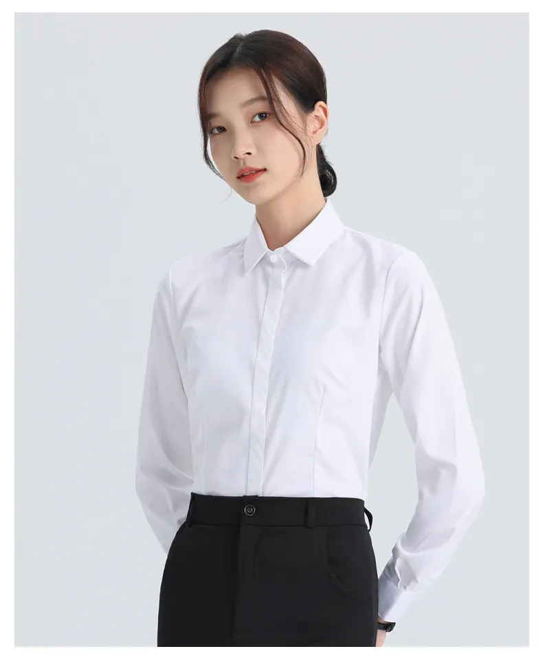 Women's White Long Sleeve Dress Shirt - Elegant Korean Style Slim Fit Work Blouse - Professional Office Attire, Spring & Autumn Inner Top showcase 16
