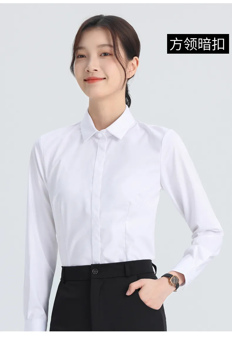 Women's White Long Sleeve Dress Shirt - Elegant Korean Style Slim Fit Work Blouse - Professional Office Attire, Spring & Autumn Inner Top showcase 9