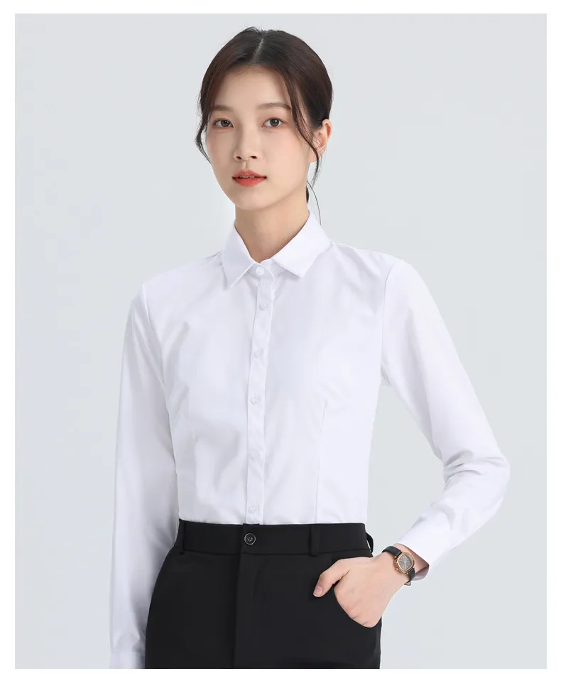 Women's White Long Sleeve Dress Shirt - Elegant Korean Style Slim Fit Work Blouse - Professional Office Attire, Spring & Autumn Inner Top showcase 15