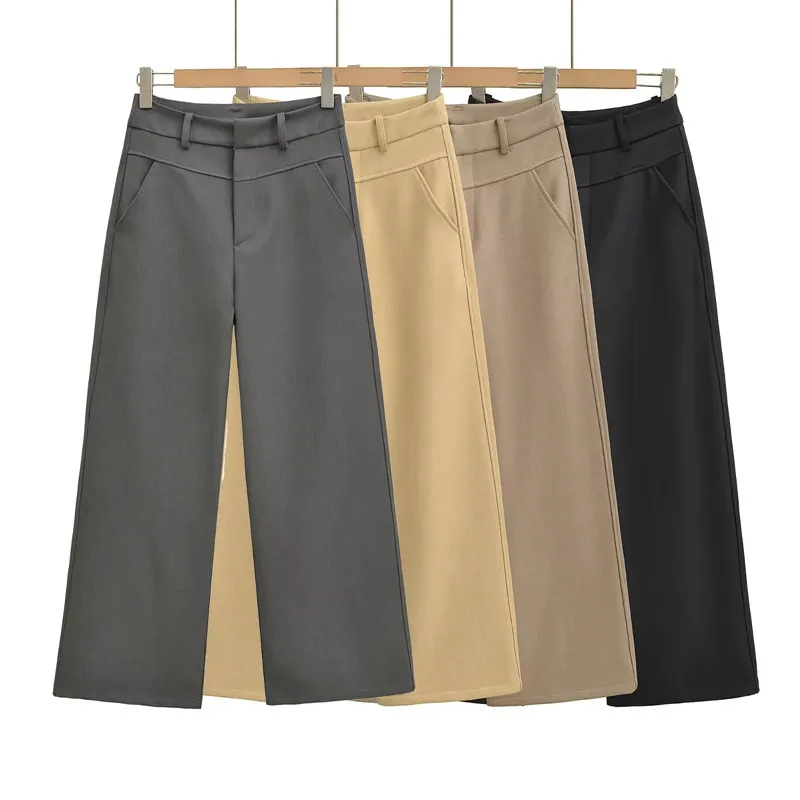 Women's High-Waisted Wide Leg Trousers - Elegant Straight Leg Suit Pants for Autumn, Drapey, Simple, Old Money Style, Long Length thumbnail 1