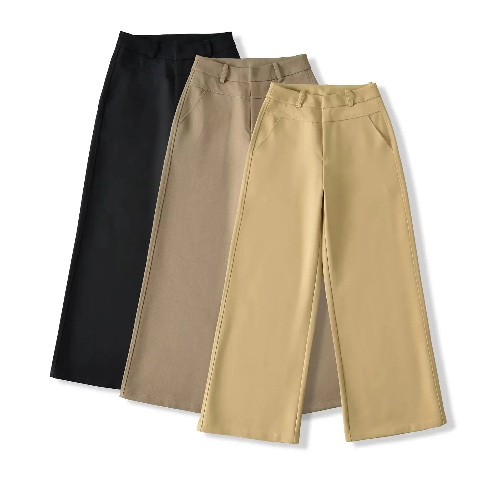 Women's High-Waisted Wide Leg Trousers - Elegant Straight Leg Suit Pants for Autumn, Drapey, Simple, Old Money Style, Long Length thumbnail 2