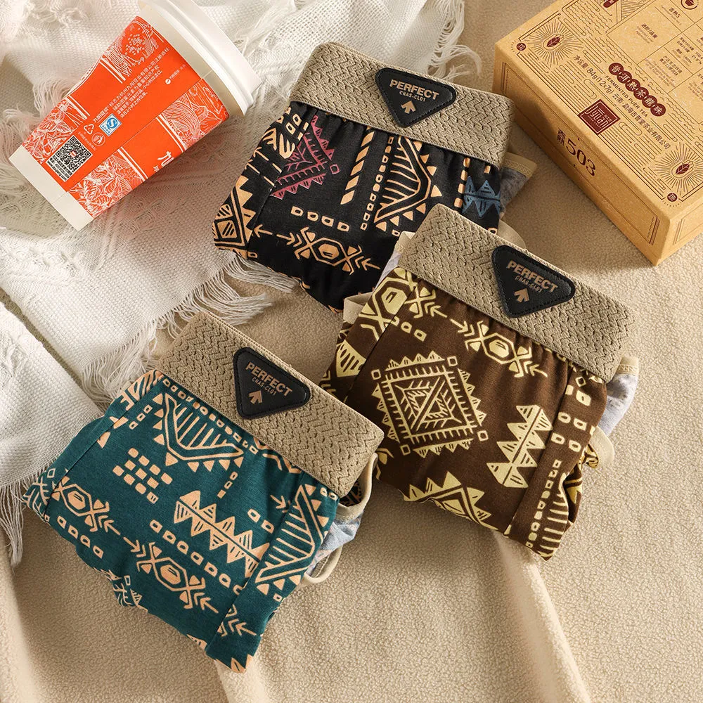 Men's Retro Ethnic Style Cotton Boxer Briefs - Single Pack Breathable Underwear with Printed Design - Comfortable and Stylish thumbnail 3