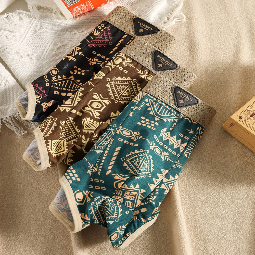 Men's Retro Ethnic Style Cotton Boxer Briefs - Single Pack Breathable Underwear with Printed Design - Comfortable and Stylish thumbnail 2