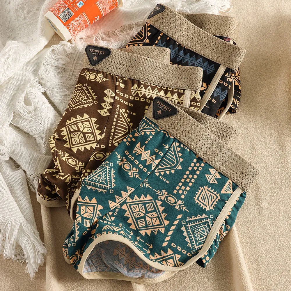 Men's Retro Ethnic Style Cotton Boxer Briefs - Single Pack Breathable Underwear with Printed Design - Comfortable and Stylish thumbnail 4