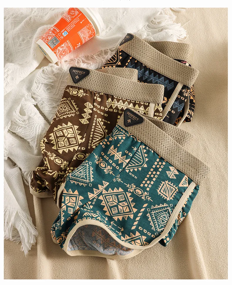 Men's Retro Ethnic Style Cotton Boxer Briefs - Single Pack Breathable Underwear with Printed Design - Comfortable and Stylish showcase 11
